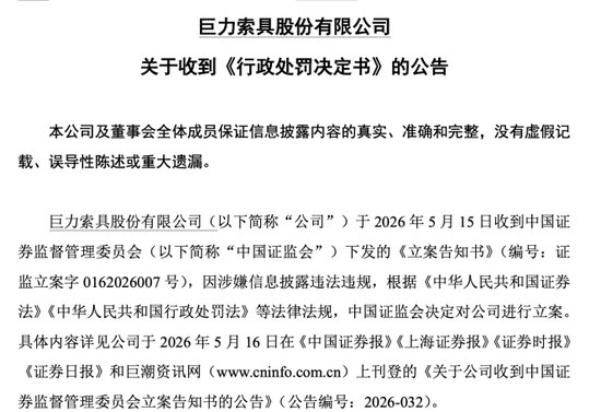 巨力索具，被罚450万元